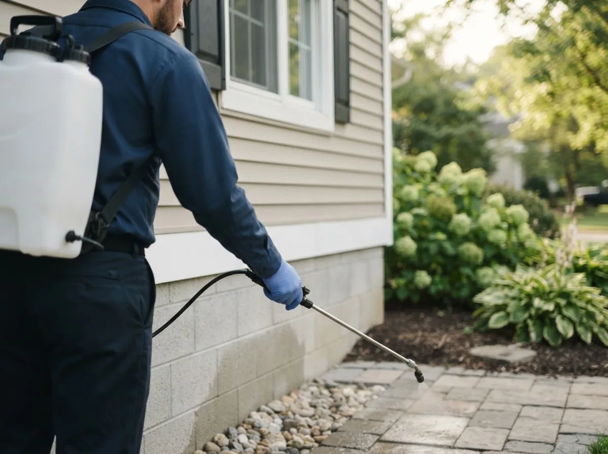 Pest control technician inspecting a home in Laurens, NY
